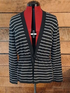 Jones New York Black and White Striped Tie-Waist Cardigan